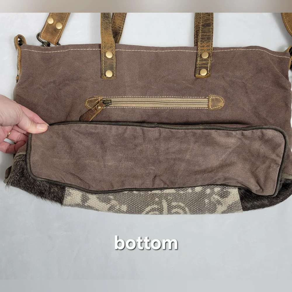 Myra EUC Ace Cowhide Canvas Messenger Bag Leather Straps Bohowestern Aztec Retro - Picture 3 of 16